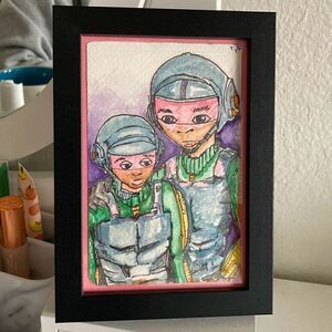 Framed Watercolor and Ink Painting “father and son”